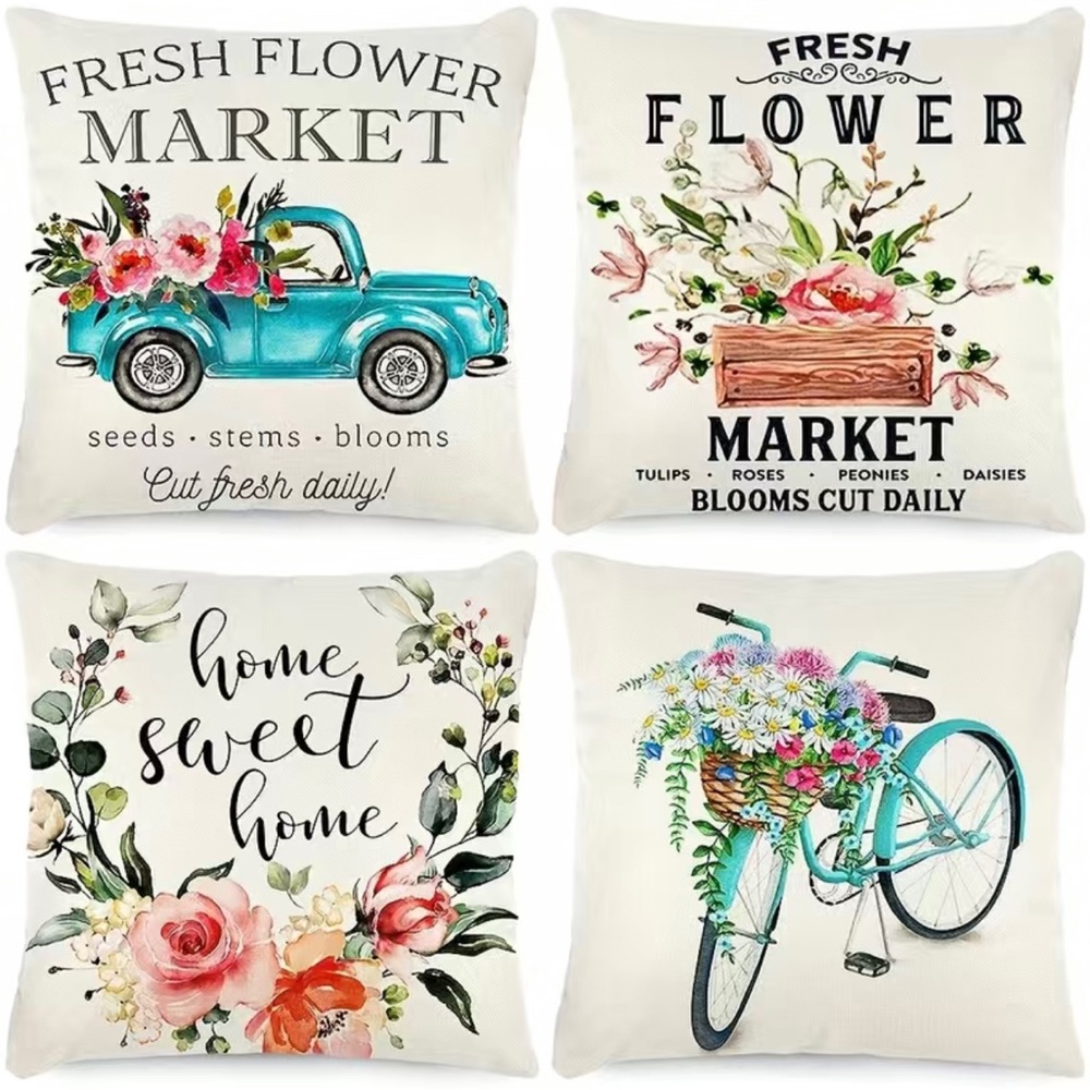 4pcs Flower Bicycle Car Print Pillow Covers, Linen Blend Pillowcases Farmhouse‎